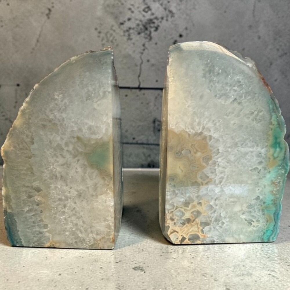 Agate Geode Bookends Symmetrical Slabs Pair Teal Blue Quartz Crystal Home Decor